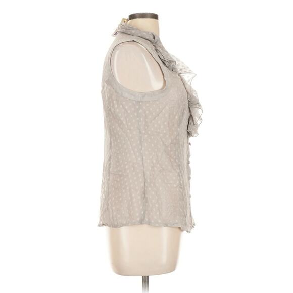 Lapis Sleeveless Ruffle Front Top Large Grey Swiss Dot Chiffon Blouse NWT - Picture 3 of 7